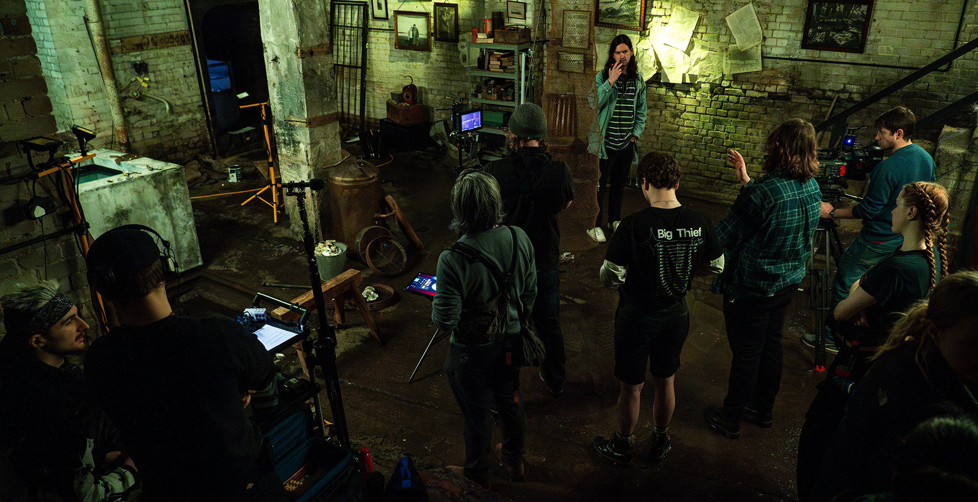 Behind the scenes in basement on film set